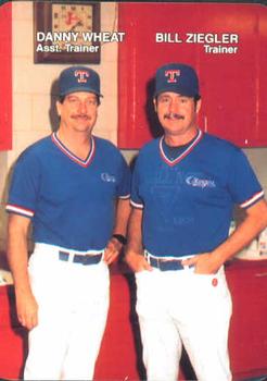 1989 Mother's Cookies Texas Rangers #28 Trainers & Checklist Card (Danny Wheat / Bill Ziegler) Front