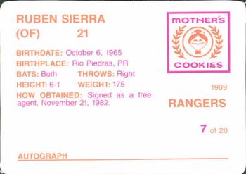 1989 Mother's Cookies Texas Rangers #7 Ruben Sierra Back