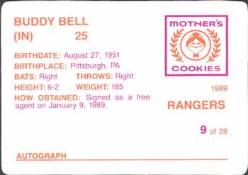 1989 Mother's Cookies Texas Rangers #9 Buddy Bell Back