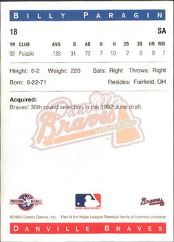 1993 Classic Best Danville Braves #18 Billy Paragin Back