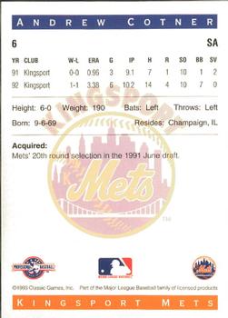 1993 Classic Best Kingsport Mets #6 Andrew Cotner Back
