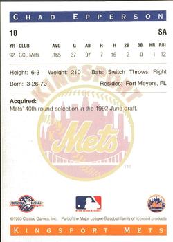 1993 Classic Best Kingsport Mets #10 Chad Epperson Back