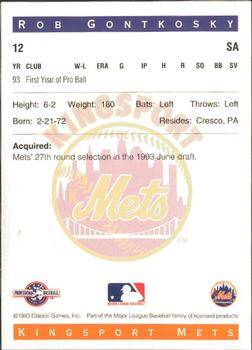 1993 Classic Best Kingsport Mets #12 Rob Gontkosky Back