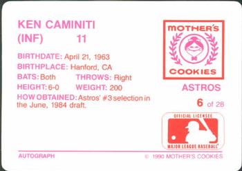 1990 Mother's Cookies Houston Astros #6 Ken Caminiti Back