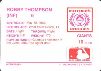 1990 Mother's Cookies San Francisco Giants #10 Robby Thompson Back