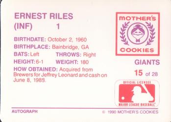1990 Mother's Cookies San Francisco Giants #15 Ernest Riles Back
