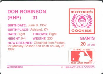 1990 Mother's Cookies San Francisco Giants #20 Don Robinson Back