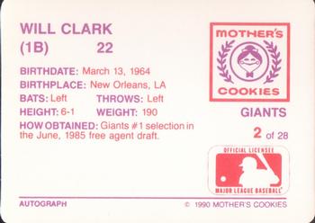 1990 Mother's Cookies San Francisco Giants #2 Will Clark Back