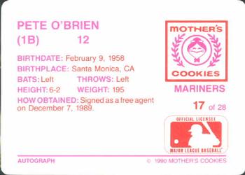 1990 Mother's Cookies Seattle Mariners #17 Pete O'Brien Back