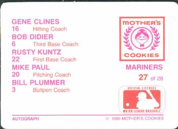 1990 Mother's Cookies Seattle Mariners #27 Mariners Coaches (Rusty Kuntz / Gene Clines / Bill Plummer / Mike Paul / Bob Didier) Back