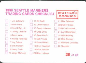1990 Mother's Cookies Seattle Mariners #28 Trainers & Checklist (Henry Genzale / Rick Griffin / Tom Newberg) Back