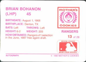 1990 Mother's Cookies Texas Rangers #13 Brian Bohanon Back