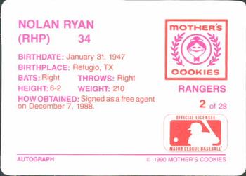 1990 Mother's Cookies Texas Rangers #2 Nolan Ryan Back