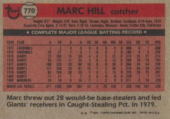 1981 Topps Traded #770 Marc Hill Back