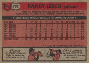 1981 Topps Traded #792 Randy Lerch Back