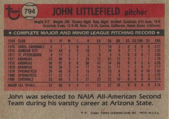 1981 Topps Traded #794 John Littlefield Back
