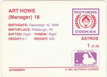 1991 Mother's Cookies Houston Astros #1 Art Howe Back