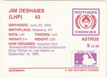 1991 Mother's Cookies Houston Astros #9 Jim Deshaies Back