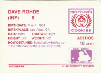 1991 Mother's Cookies Houston Astros #18 Dave Rohde Back