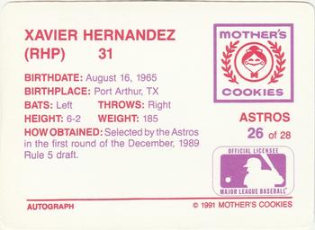 1991 Mother's Cookies Houston Astros #26 Xavier Hernandez Back