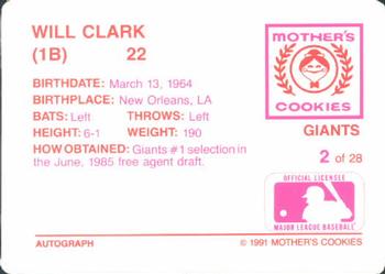 1991 Mother's Cookies San Francisco Giants #2 Will Clark Back