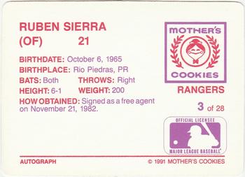 1991 Mother's Cookies Texas Rangers #3 Ruben Sierra Back
