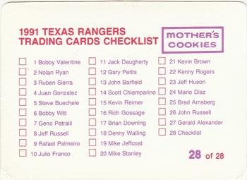 1991 Mother's Cookies Texas Rangers #28 Coaches & Checklist (Toby Harrah / Tom Robson / Orlando Gomez / Dave Oliver / Tom House / Davey Lopes) Back