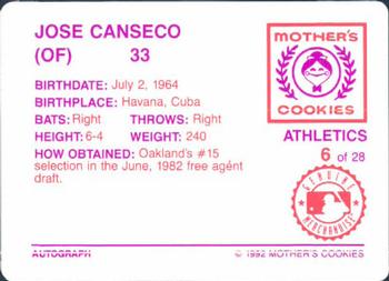 1992 Mother's Cookies Oakland Athletics #6 Jose Canseco Back