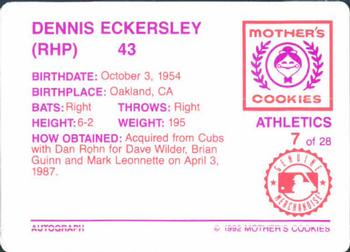 1992 Mother's Cookies Oakland Athletics #7 Dennis Eckersley Back
