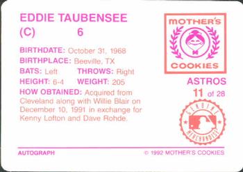1992 Mother's Cookies Houston Astros #11 Eddie Taubensee Back
