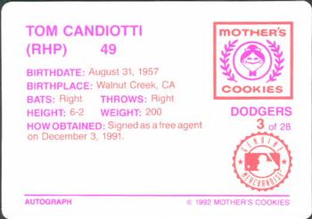 1992 Mother's Cookies Los Angeles Dodgers #3 Tom Candiotti Back