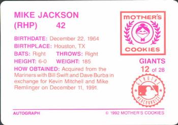 1992 Mother's Cookies San Francisco Giants #12 Mike Jackson Back