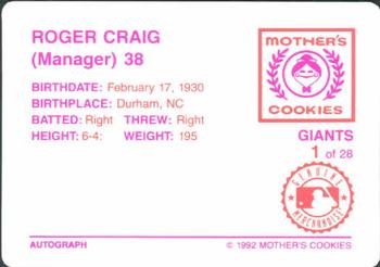 1992 Mother's Cookies San Francisco Giants #1 Roger Craig Back