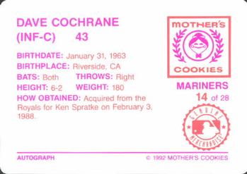 1992 Mother's Cookies Seattle Mariners #14 Dave Cochrane Back