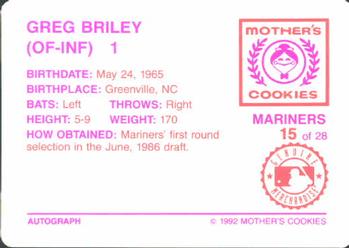 1992 Mother's Cookies Seattle Mariners #15 Greg Briley Back