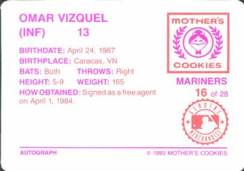 1992 Mother's Cookies Seattle Mariners #16 Omar Vizquel Back