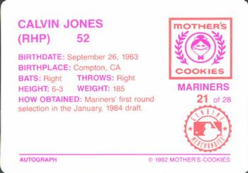 1992 Mother's Cookies Seattle Mariners #21 Calvin Jones Back