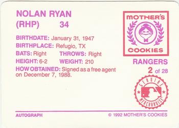 1992 Mother's Cookies Texas Rangers #2 Nolan Ryan Back