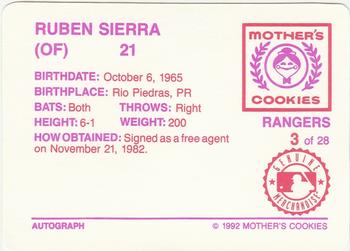 1992 Mother's Cookies Texas Rangers #3 Ruben Sierra Back