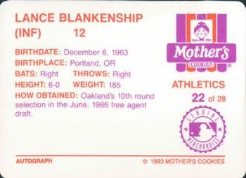 1993 Mother's Cookies Oakland Athletics #22 Lance Blankenship Back