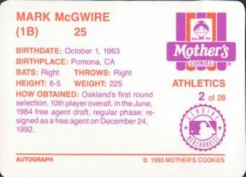 1993 Mother's Cookies Oakland Athletics #2 Mark McGwire Back