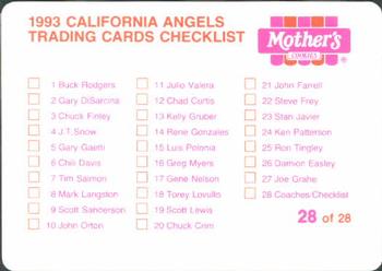 1993 Mother's Cookies California Angels #28 Coaches & Checklist (Chuck Hernandez / Jimmie Reese / Ken Macha / Rod Carew / John Wathan / Bobby Knoop / Rick Turner) Back