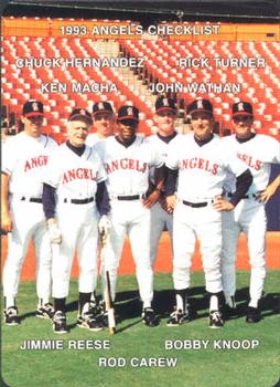 1993 Mother's Cookies California Angels #28 Coaches & Checklist (Chuck Hernandez / Jimmie Reese / Ken Macha / Rod Carew / John Wathan / Bobby Knoop / Rick Turner) Front