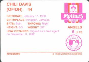 1993 Mother's Cookies California Angels #6 Chili Davis Back