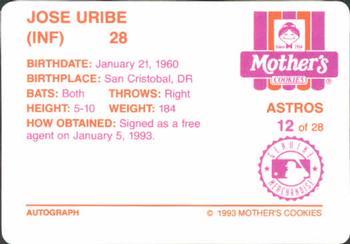 1993 Mother's Cookies Houston Astros #12 Jose Uribe Back