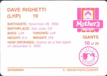 1993 Mother's Cookies San Francisco Giants #10 Dave Righetti Back
