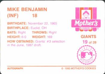 1993 Mother's Cookies San Francisco Giants #19 Mike Benjamin Back