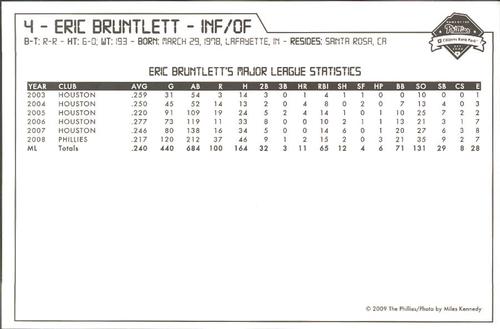 2009 Philadelphia Phillies Photocards #3 Eric Bruntlett Back