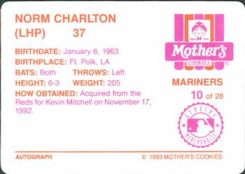1993 Mother's Cookies Seattle Mariners #10 Norm Charlton Back