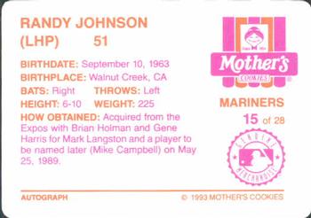 1993 Mother's Cookies Seattle Mariners #15 Randy Johnson Back